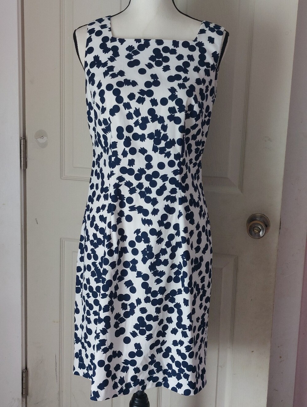 AGB DRESS Blue White Abstract Geometric Inkblot Sheath Dress Size 8